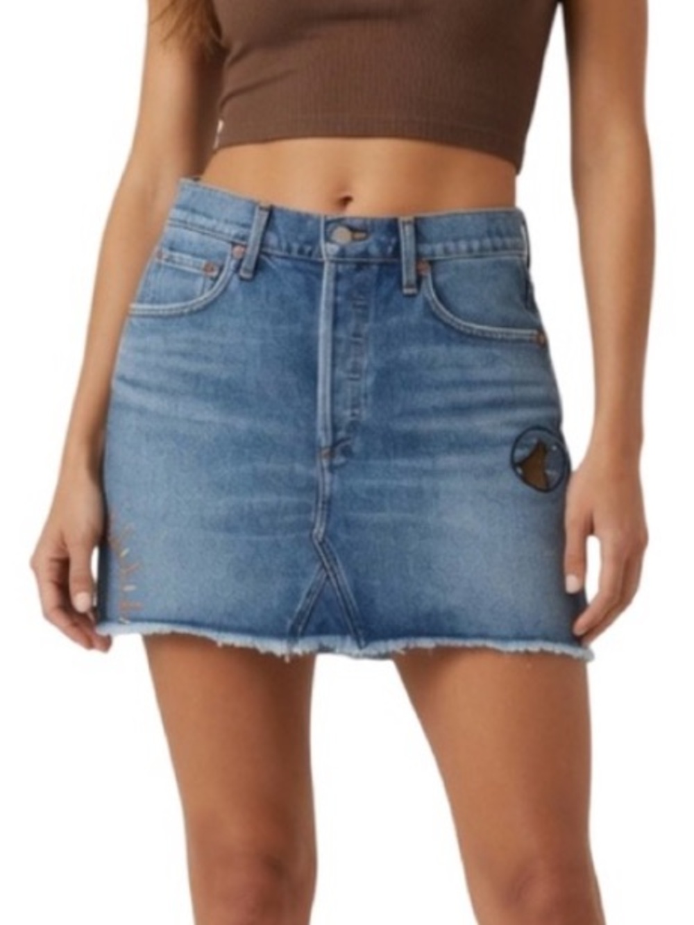 AGOLDE Rare Button Fly Denim Embroidered Wolf/Snake/Sun Mini Skirt 29